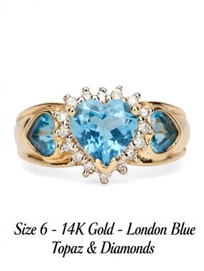 Vintage 14k Gold With Real London Blue Topaz Hearts and Diamonds